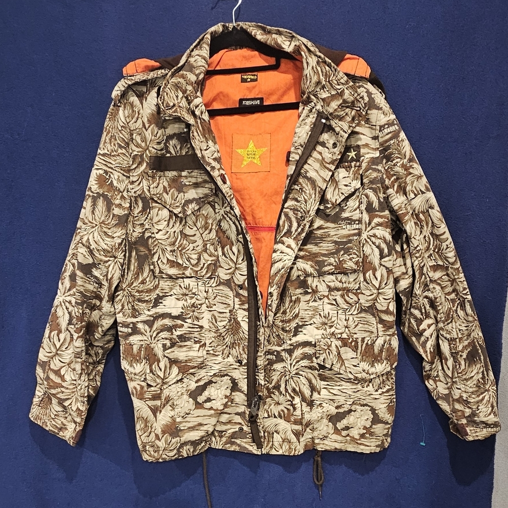 Vintage Freshjive Hollywood Jacket Palm Tree Print Military Field Orange L